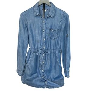 Tommy Hilfiger Denim Chambray Shirt Dress Drawstring Waist Button Front  Size 4